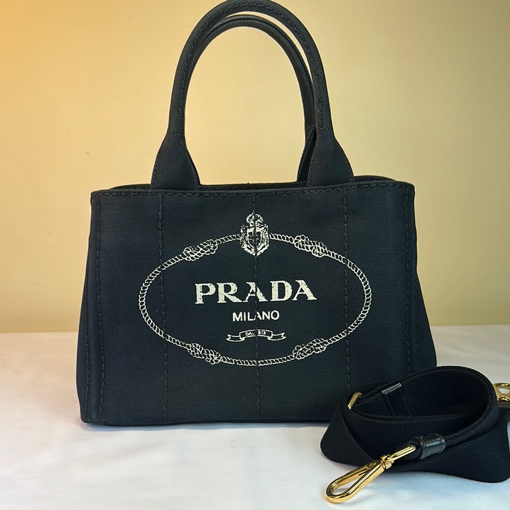 Prada Canapa Black Denim Canvas Snap Sides, Adjustable Removable Original Strap